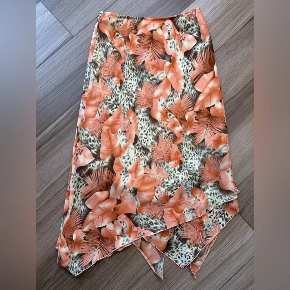 Vintage Flowy Cheetah Tropical Leaf Print Skirt Orange Cream Black - Picture 7 of 10